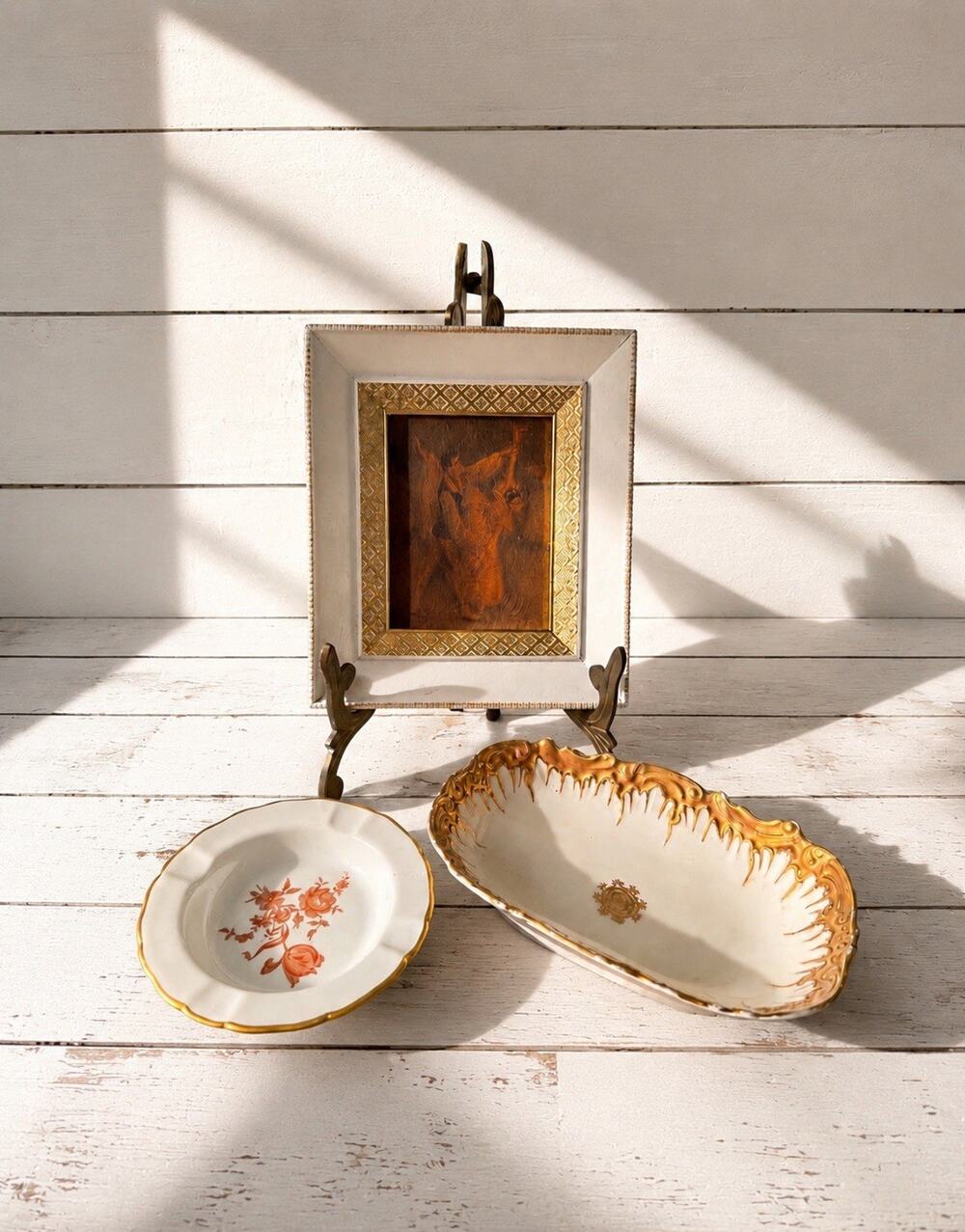 Curated French Vanity Set Limoges Porcelain Dishes Framed Dancer Print Decor